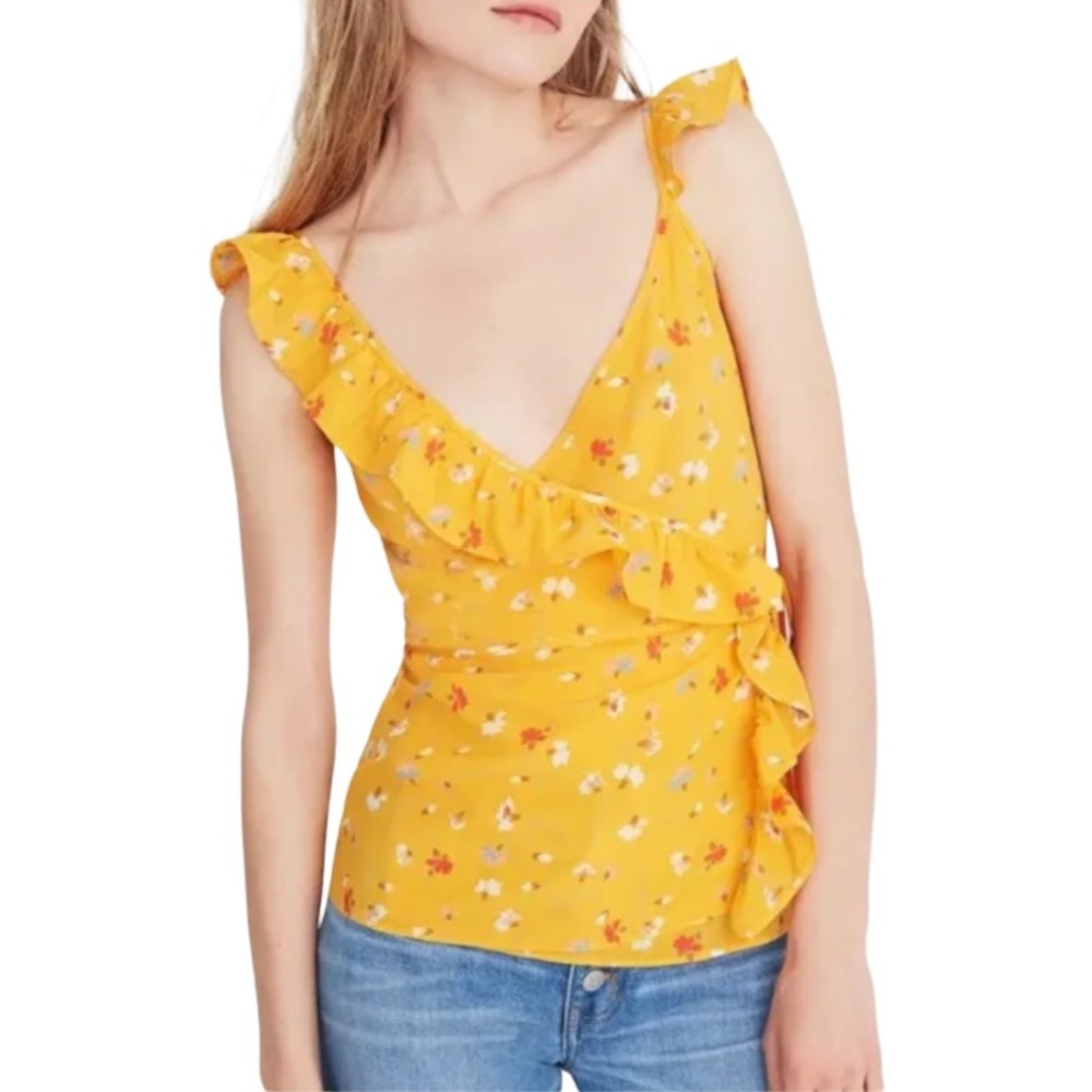 Madewell Silk Painted Carnations Yellow Orange Floral Wrap Tie Cami Flutter Top